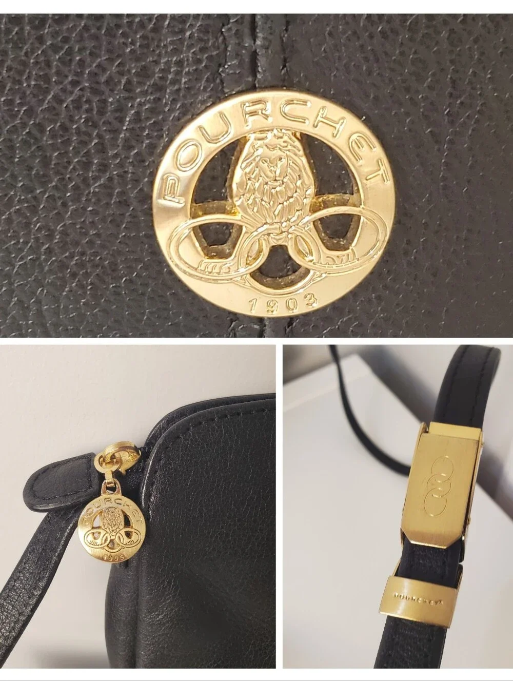 Vintage Pourchet Paris Black Leather Crossbody Bag Gold Crest Made In France